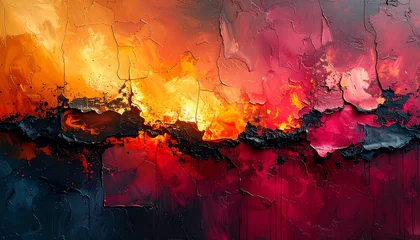 Keuken achterwand Bordeaux Abstract oil painting depicting fiery hues. The thick, textured surface creates a dramatic, volcanic landscape impression  © Dar