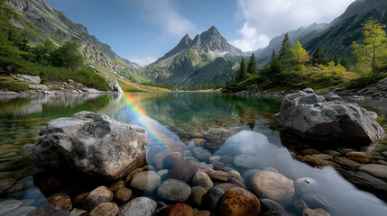 Bergsee mit Regenbogen und Spiegelung, idyllische Alpenlandschaft
