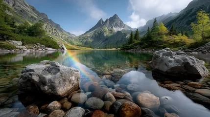 Wanddecoratie Huisarts Bergsee mit Regenbogen und Spiegelung, idyllische Alpenlandschaft  © LElik83