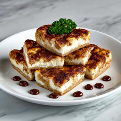 A pyramid stack of homemade cinnamon swirl cheesecake bars on a white plate with chocolate sauce against a marble background.