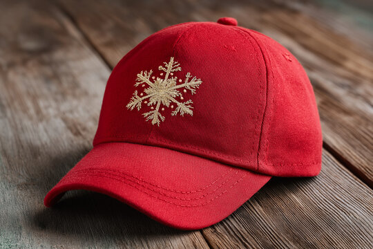 cozy red christmas cap with golden snowflake embroidery on white background, festive holiday decoration in a rustic wooden cabin setting
