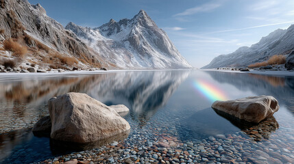 Bergsee mit Regenbogen und Spiegelung, idyllische Alpenlandschaft