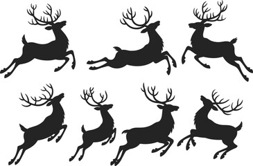Set of black reindeer silhouettes, jumping and leaping Christmas deer collection, isolated stag icons, holiday wildlife vector graphic elements