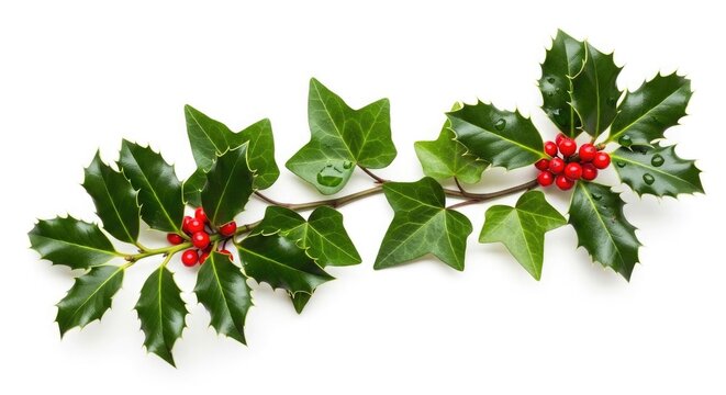 Lush Green Holly and Ivy Sprigs Intertwined Featuring Bright Red Berries Nature's Festive Decor Freshness of Evergreen Foliage Botanical Beauty Holiday Accent Ornament - Powered by Adobe