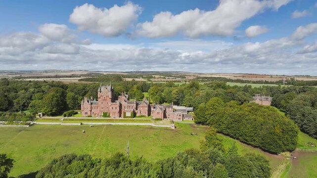 Ayton Castle from a drone, Ayton, Eyemouth, Scottish Borders, Scotland, UK