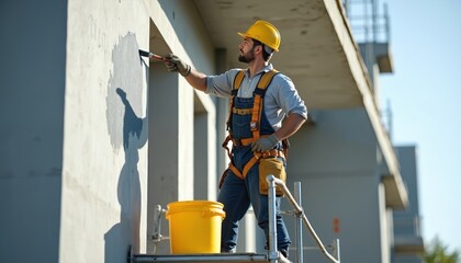 Craftsman applies grey paint to exterior wall on build. Hardhat worker stands on scaffold. Man repairs concrete wall, wears safety harness on construction site. Uses brush for facade repair. Builder