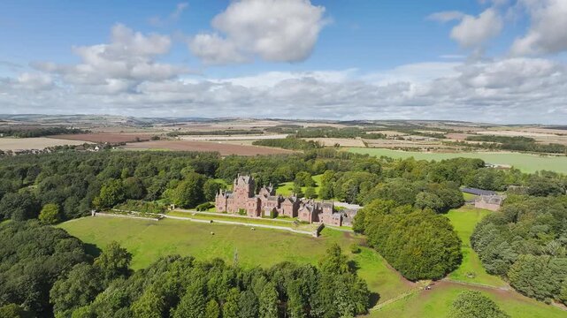 Ayton Castle from a drone, Ayton, Eyemouth, Scottish Borders, Scotland, UK