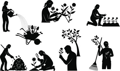 Silhouette people gardening activities, planting watering trimming composting, outdoor lifestyle teamwork illustration, sustainable horticulture artwork, black outline design vector -flat vector