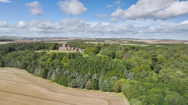 Ayton Castle from a drone, Ayton, Eyemouth, Scottish Borders, Scotland, UK
