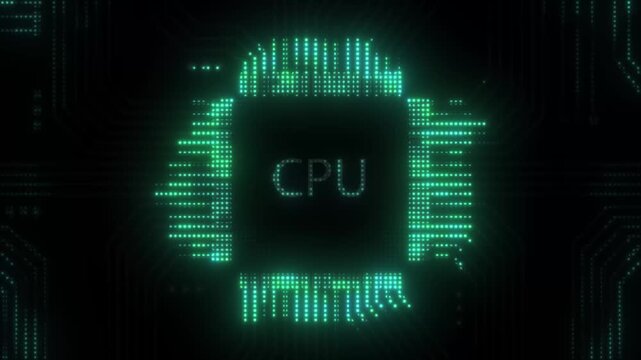 Concept animation shows the process of turning on the CPU in the motherboard. futuristic Digital green pulses and glowing signals flow animation background 4k loop