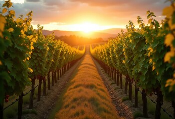 Naklejka premium Breathtaking Rows of Grapevines at Vineyard during Golden Hour with Rich Earth Tones