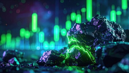 Glowing green minerals symbolizing rare earth elements with investment data graphs in the background showing trends in resource markets and future technologies