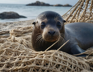 Fototapeta premium A fur seal was caught in a fishing net on the ocean shore. Close-up. Marine animal protection concept, sea lion on the beach