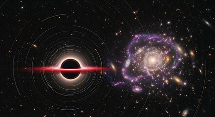 A black hole with an accretion disk next to a spiral galaxy in deep space.
