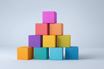 Obraz premium Employee engagement concept with colorful cubes stacked to represent fringe benefits such as vacation, wellness, and insurance in bright studio scene 