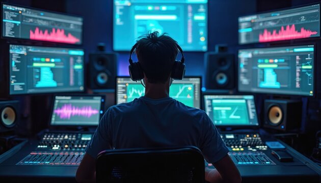 Man works in audio visual production control room. Pro sound engineer wears headphones, operates mixing console, monitors multiple screens. Audio visual software interface, sound waveforms on