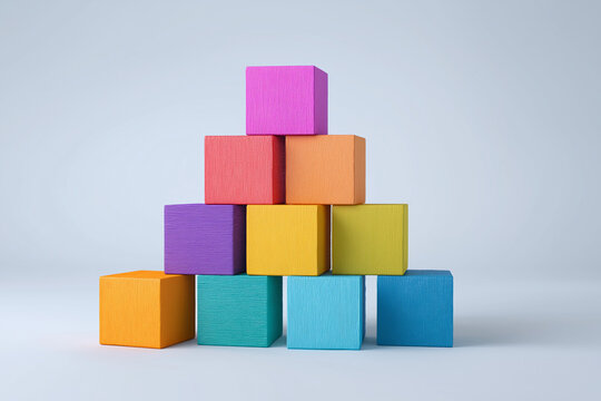 Employee engagement concept with colorful cubes stacked to represent fringe benefits such as vacation, wellness, and insurance in bright studio scene 