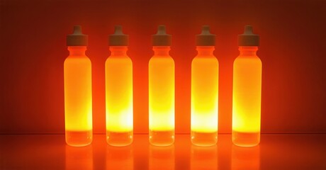 Obraz premium Bottles glow brightly. Orange liquid fills containers. Dramatic lighting creates strong reflections, shadows. Simple composition focuses on color, form.