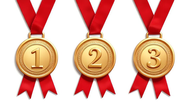 Gold medals with red ribbon