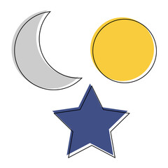 Set of simple sun, moon and star illustrations with lines