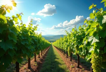 Naklejka premium Vibrant Lush Green Vineyard Under Clear Summer Sky Flourishing Grapevines and Sunlit Landscape