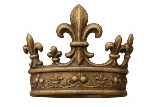 Golden royal crown with fleur-de-lis symbols representing monarchy, power, and authority on transparent background - Powered by Adobe