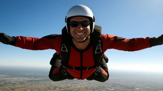 A smiling skydiver soars through the clear blue sky. He enjoys the exhilarating freedom of freefall with outstretched arms.