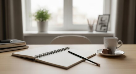A spiral notebook and pencil rest on a wooden desk beside a cup of coffee and chocolate, with a soft-focus window view, creating a peaceful, inspiring workspace for writing, studying, or reflection.


