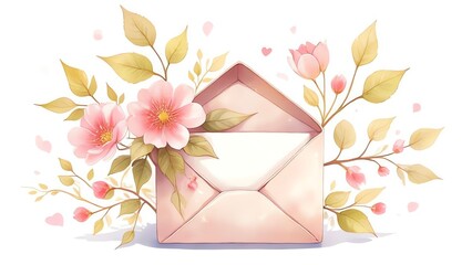 Vector: Cute envelope covered in flowers and leaves, symbolizing love
