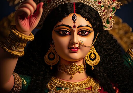 Beautiful goddess durga idol adorned with traditional indian jewelry and crown close up