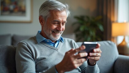Smiling elderly man sits on sofa using smartphone. He looks happy while scrolling messages on mobile device. Senior enjoys tech and communication at home.