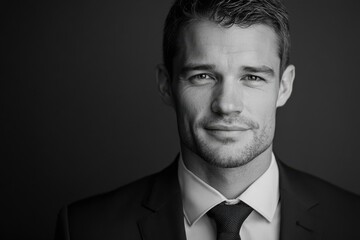 Confident businessman in tailored suit with a friendly smile against dark backdrop, showcasing facial features and elegance for professional branding and corporate imagery