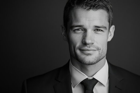Confident businessman in tailored suit with a friendly smile against dark backdrop, showcasing facial features and elegance for professional branding and corporate imagery