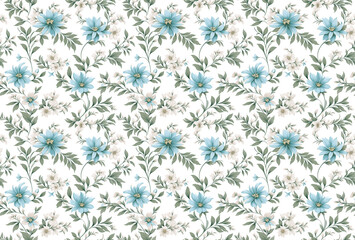 Vintage Floral Seamless Pattern. Blue and White small flowers, green leaves. Ornament vector. Hepatica, scilla, squill, chicory, flax. Delicate romantic tile motif