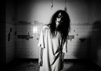 Woman patient in deserted psychiatric room. Ghostly spirit in an old abandoned asylum or mental hospital. Horror and nightmare concept for Halloween cinema banner template with copyspace.
