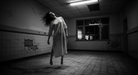 Woman floating in deserted psychiatric room. Ghostly spirit in an old abandoned asylum or mental hospital. Horror and nightmare concept for Halloween cinema banner template with copyspace.