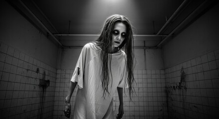 Woman patient in deserted psychiatric room. Ghostly spirit in an old abandoned asylum or mental hospital. Horror and nightmare concept for Halloween cinema banner template with copyspace.