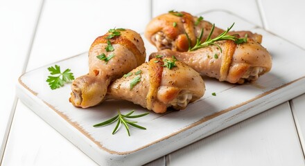 Fototapeta premium Four delicious roasted chicken drumsticks with herbs isolated on white background