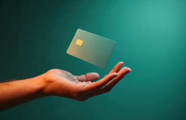 Male hand holds floating credit card mockup against green background. Offers cashless payment solution for banking and online shopping convenience. Blank card for branding.