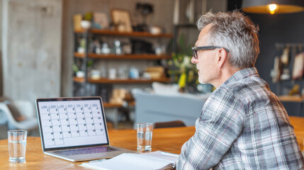Profile View of a Serious, Mature Man Working from Home on a Laptop with a Calendar App Open, Focused on Planning and Scheduling in a Modern, Stylish Loft Apartment
