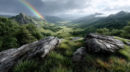 Wanddecoratie Huisarts Bunte Berglandschaft mit Regenbogen und Lavendelblüten, märchenhafte Natur  © LElik83