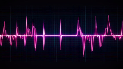 Vibrant pink heartbeat rhythm pulsing vividly on a dark grid background for medical or technology concepts