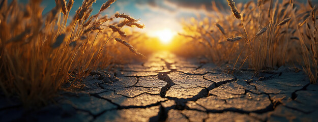 A scene of cracked dry land and sparse golden wheat at sunset, depicting harsh climate conditions and agricultural struggles