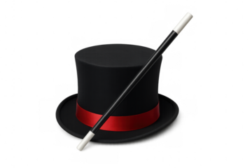 Black top hat with red ribbon and magic wand symbolizing illusion, performance, and entertainment on transparent background
