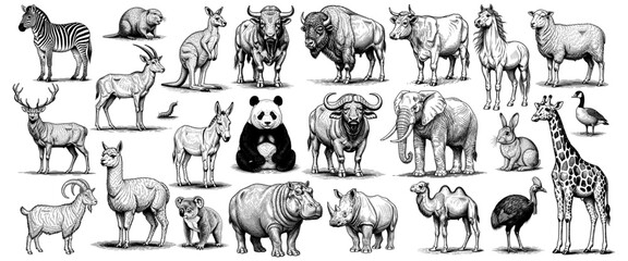 Detailed black and white illustration of various wild and domestic animals, drawn in vintage engraving style, perfect for educational or artistic use.