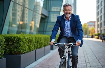 Happy middle age businessman rides bike on city street. Man smiles, commutes actively in urban environment. Eco friendly professional cycling to work by modern building, showing active lifestyle,
