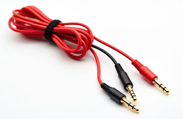 Red audio cable with three connectors isolated on white. Wire with aux jacks for music devices tech or multimedia. Close up photo for design or advertising.