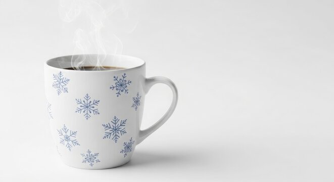 Warm Delight Morning Coffee Cup Snowflake Pattern Caffeine Beverage Hot Drink Stimulant Wake Up Cozy Breakfast White backdrop Ceramic Mug Drinkware