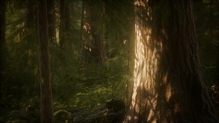 Obraz premium Soft sunlight warms the forest as it pours through tall trees, highlighting the intricate textures of bark and vibrant foliage below, creating a serene natural atmosphere.