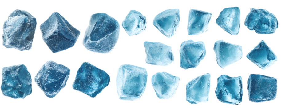 Collection of irregular shaped clear blue ice cubes arranged in two rows on a white background, high-quality PNG cutout with transparent or white background
